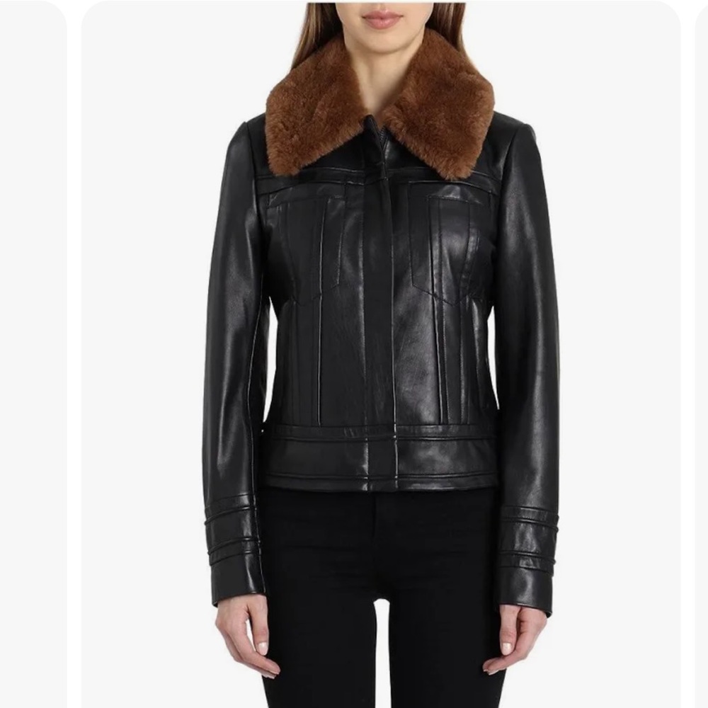BADGLEY MISCHKA Leather Aviator Jacket with Genuine Shearling XS